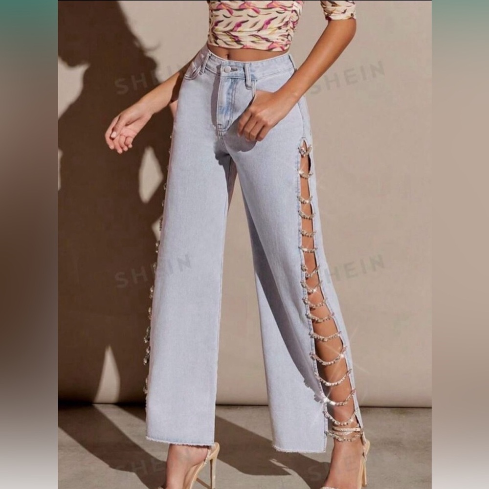 Light Blue Flare Jeans with Side Fringe